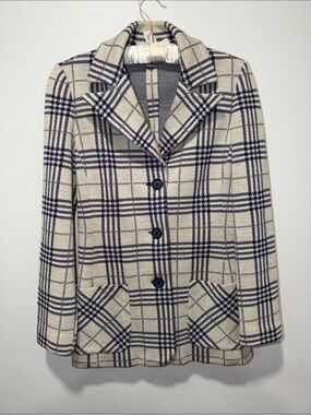 KIMBERLY M Vintage Ivory Navy Houndstooth Plaid Knit Wool Jacket Blazer